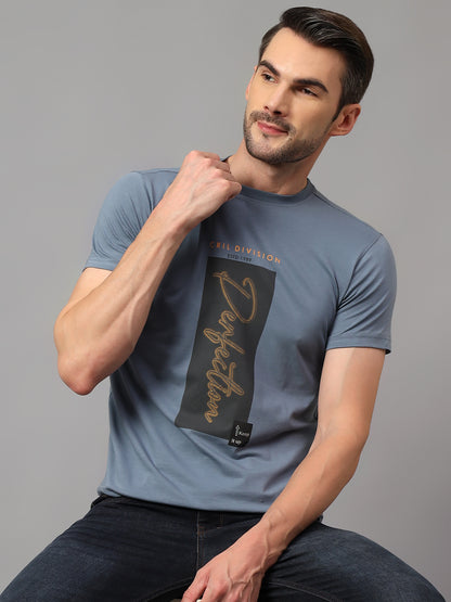 Men's Grey Printed Round Neck Half Sleeve T-shirt