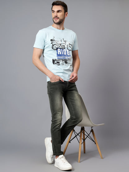 Men's Sky Blue Printed Round Neck Half Sleeve T-shirt