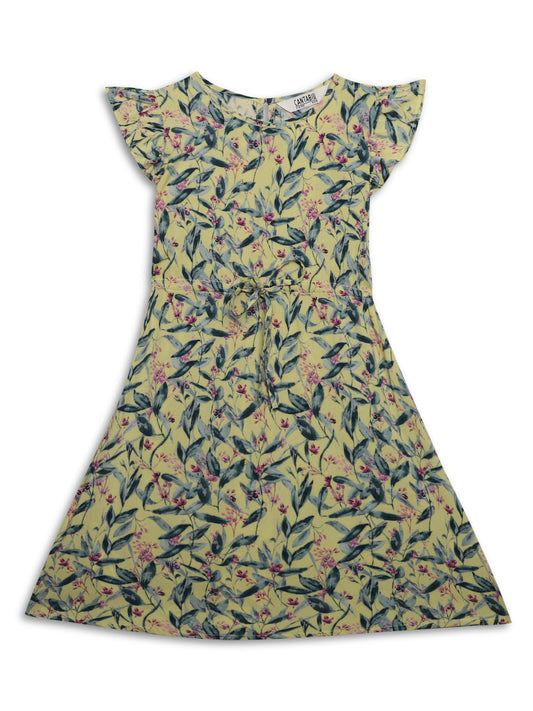 Cantabil Girls Rayon Floral Print Round Neck Cap Sleeves Fit and Flare Yellow Casual Dress (7163133984907)