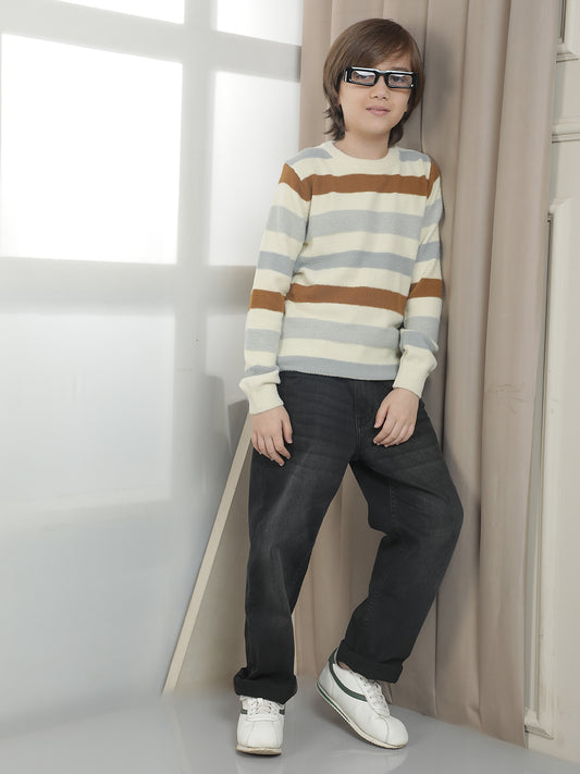 Casual Sweater for Kids l Breathable & Soft with Color Fastness Regular Fit Round Neck Striped Pattern Woolen Fabric