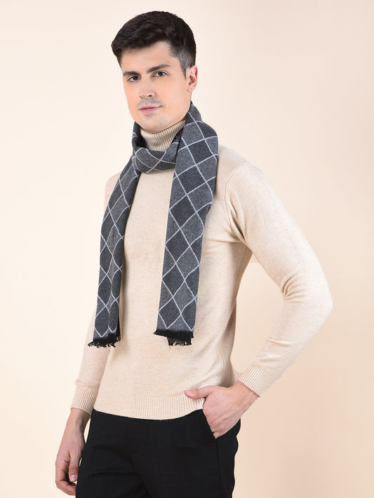 Men Dark Grey Checkered Winter Warm Casual Muffler