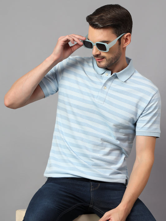 Men's Sky Blue Striped Polo Neck Half Sleeve T-shirt