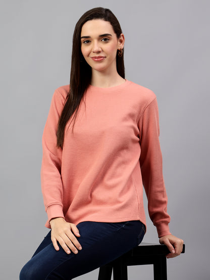 Women's Peach Self Design Round Neck Winter T-shirt