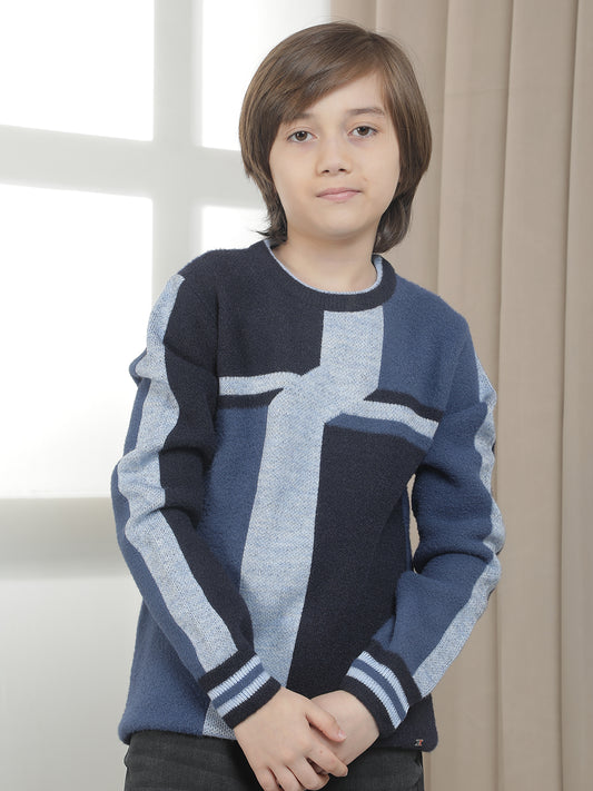 Casual Sweater for Kids l Breathable & Soft with Color Fastness Regular Fit Round Neck Colourblocked Pattern Woolen Fabric