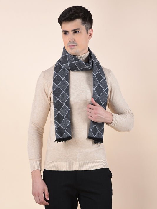 Men Dark Grey Checkered Winter Warm Casual Muffler