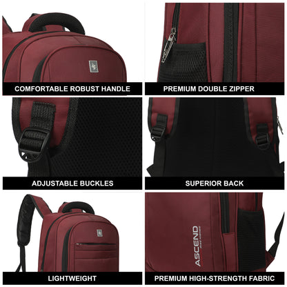 32 Litre Laptop Backpack Upto 18 inchs Laptop for School, Office, College & Travel Bag for Men and Women (Maroon) | 3 Compartments, Side Pocket, Padded Shoulder Strap, Smooth-Glide Zippers