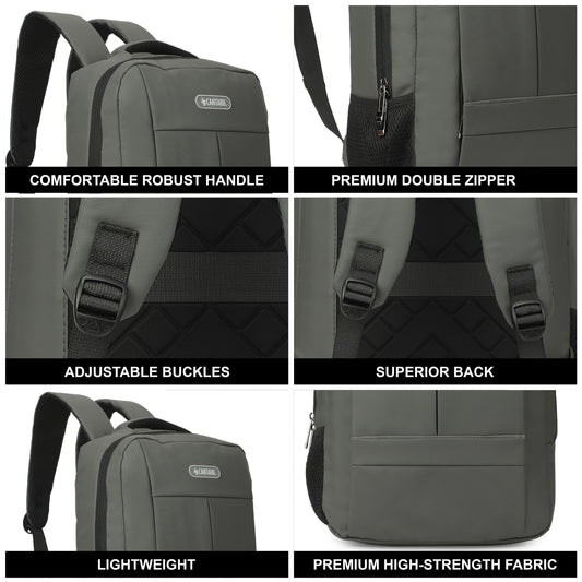Cantabil 15 Litre Laptop Backpack Upto 18 inchs Laptop for School, Office, College & Travel Bag for Men and Women (Grey) | 2 Compartments, Side Pocket, Padded Shoulder Strap, Smooth-Glide Zippers
