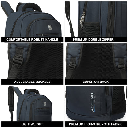 32 Litre Laptop Backpack Upto 18 inchs Laptop for School, Office, College & Travel Bag for Men and Women (Blue) | 3 Compartments, Side Pocket, Padded Shoulder Strap, Smooth-Glide Zippers