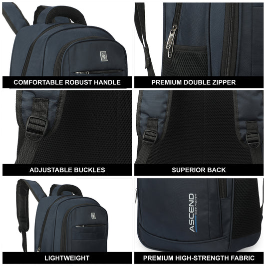 32 Litre Laptop Backpack Upto 18 inchs Laptop for School, Office, College & Travel Bag for Men and Women (Blue) | 3 Compartments, Side Pocket, Padded Shoulder Strap, Smooth-Glide Zippers