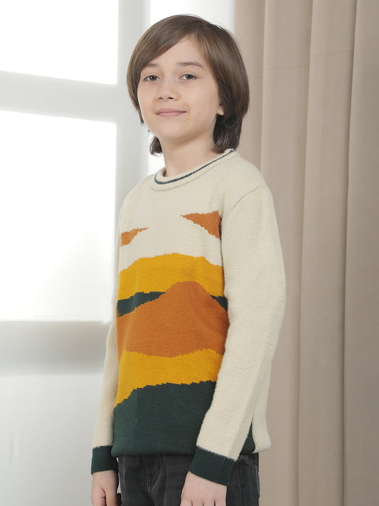 Casual Sweater for Kids l Breathable & Soft with Color Fastness Regular Fit Round Neck Colourblocked Pattern Woolen Fabric