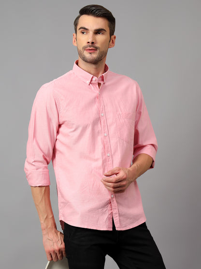 Men's Pink Casual Plain Full Sleeve Shirt