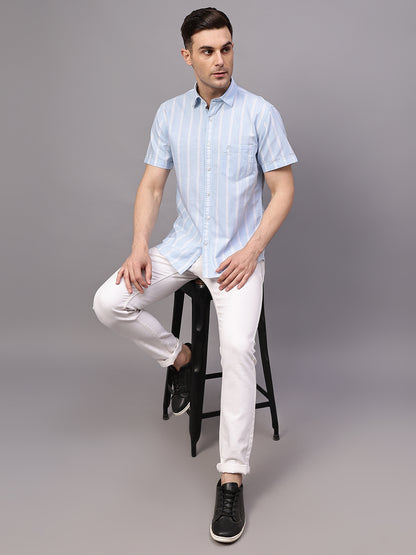 Men's Sky Blue Casual Broad Stripe Half sleeve Shirt