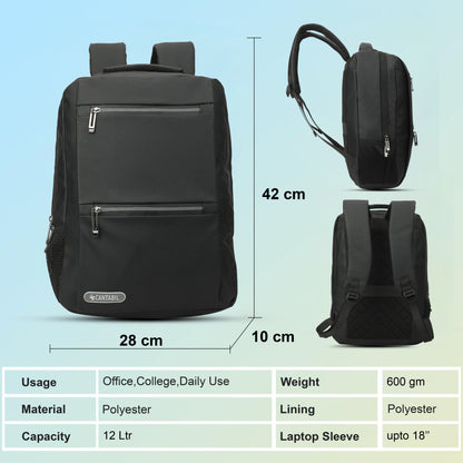12 Litre Laptop Backpack Upto 18 inchs Laptop for School, Office, College & Travel Bag for Men and Women (Black) | 3 Compartments, Side Pocket, Padded Shoulder Strap, Smooth-Glide Zippers