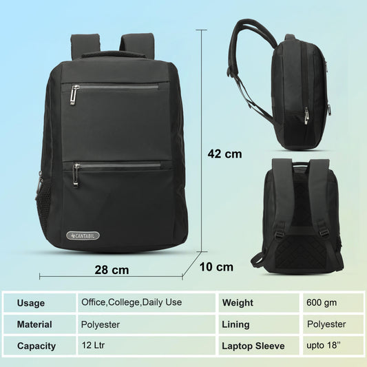12 Litre Laptop Backpack Upto 18 inchs Laptop for School, Office, College & Travel Bag for Men and Women (Black) | 3 Compartments, Side Pocket, Padded Shoulder Strap, Smooth-Glide Zippers