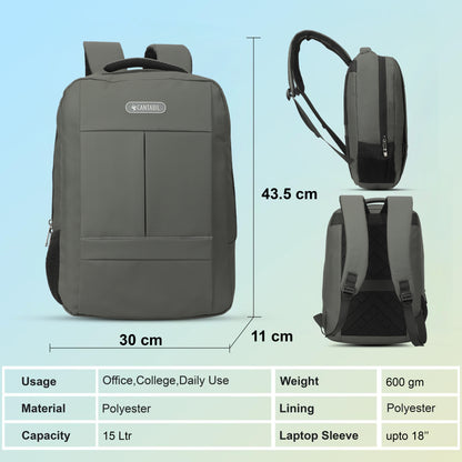 Cantabil 15 Litre Laptop Backpack Upto 18 inchs Laptop for School, Office, College & Travel Bag for Men and Women (Grey) | 2 Compartments, Side Pocket, Padded Shoulder Strap, Smooth-Glide Zippers