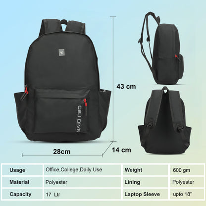 17 Litre Laptop Backpack Upto 18 inchs Laptop for School, Office, College & Travel Bag for Men and Women (Black) | 2 Compartments, Side Pocket, Padded Shoulder Strap, Smooth-Glide Zippers