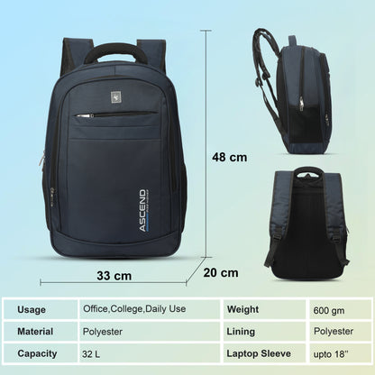 32 Litre Laptop Backpack Upto 18 inchs Laptop for School, Office, College & Travel Bag for Men and Women (Blue) | 3 Compartments, Side Pocket, Padded Shoulder Strap, Smooth-Glide Zippers
