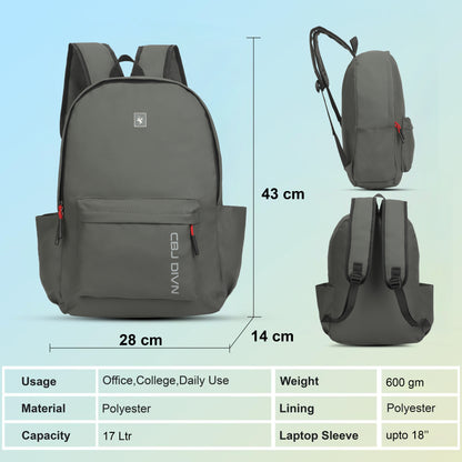 17 Litre Laptop Backpack Upto 18 inchs Laptop for School, Office, College & Travel Bag for Men and Women (Grey) | 2 Compartments, Side Pocket, Padded Shoulder Strap, Smooth-Glide Zippers