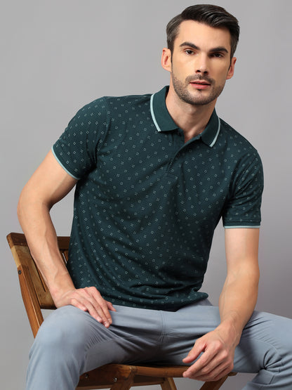 Men's Teal Blue Printed Polo Neck Half Sleeve T-shirt