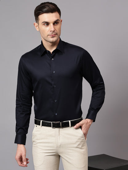 Men's Navy Blue Party Plain Satin Full Sleeve Shirt