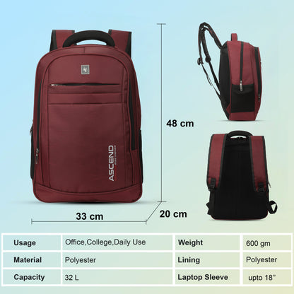 32 Litre Laptop Backpack Upto 18 inchs Laptop for School, Office, College & Travel Bag for Men and Women (Maroon) | 3 Compartments, Side Pocket, Padded Shoulder Strap, Smooth-Glide Zippers