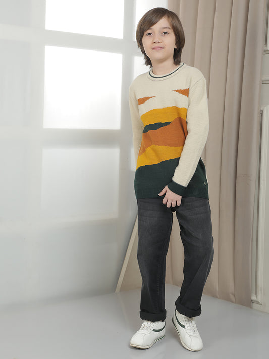 Casual Sweater for Kids l Breathable & Soft with Color Fastness Regular Fit Round Neck Colourblocked Pattern Woolen Fabric