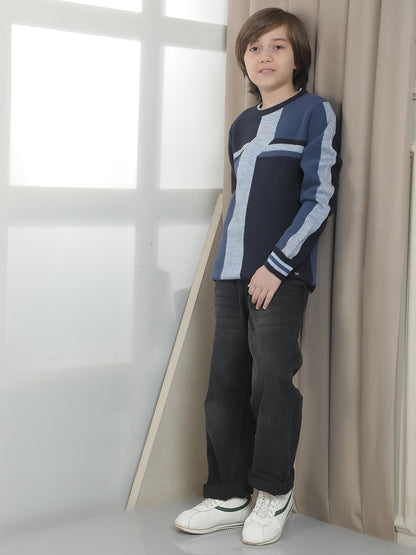 Casual Sweater for Kids l Breathable & Soft with Color Fastness Regular Fit Round Neck Colourblocked Pattern Woolen Fabric