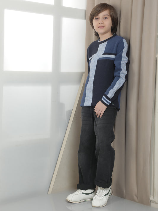 Casual Sweater for Kids l Breathable & Soft with Color Fastness Regular Fit Round Neck Colourblocked Pattern Woolen Fabric