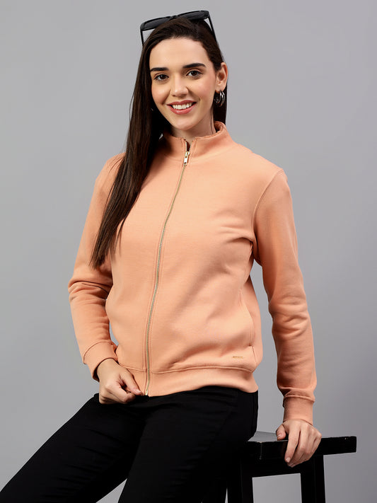 Women's Peach Solid Mock Collar Sweatshirt