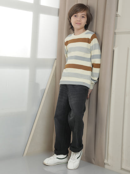 Casual Sweater for Kids l Breathable & Soft with Color Fastness Regular Fit Round Neck Striped Pattern Woolen Fabric