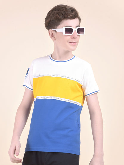 Casual T-Shirt for Boys l Breathable & Soft with Color Fastness Regular Fit Round Neck Polycotton Fabric  Pattern Colourblocked