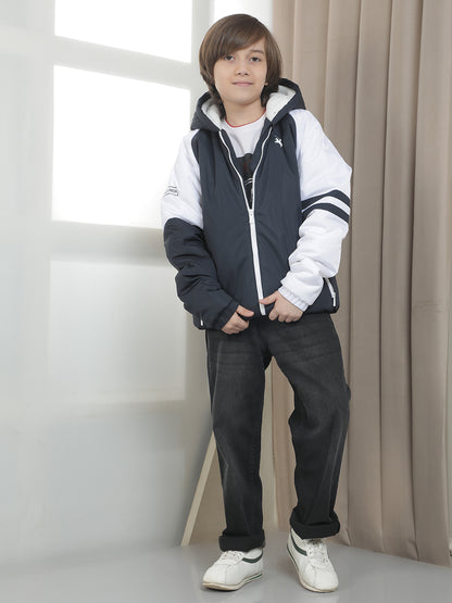 Casual Jacket for Boys l Breathable & Soft with Color Fastness Regular Fit Hooded Neck Nylon Fabric ColourBlock Pattern