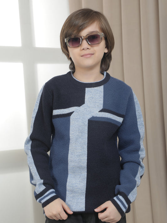 Casual Sweater for Kids l Breathable & Soft with Color Fastness Regular Fit Round Neck Colourblocked Pattern Woolen Fabric