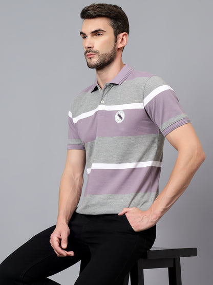 Men's Purple Striped Polo Neck Half Sleeve T-shirt