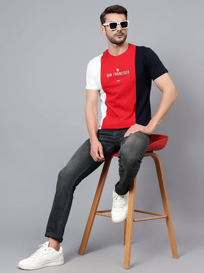 Men's Red Color Blocked Round Neck Half Sleeve T-shirt