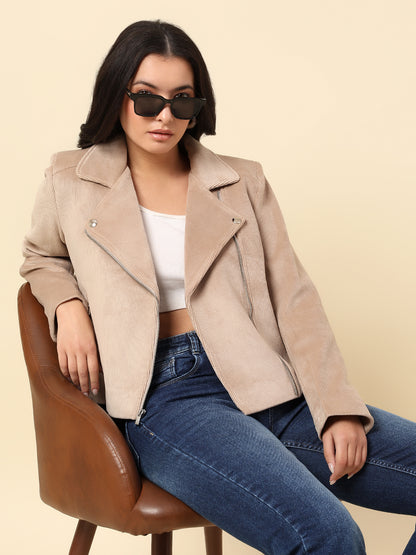 Jacket for Women | Premium Casual Jacket Regular Fit Notched Collar Corduroy Fabric Solid Pattern