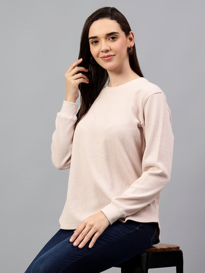 Women's Pink Self Design Round Neck Winter T-shirt