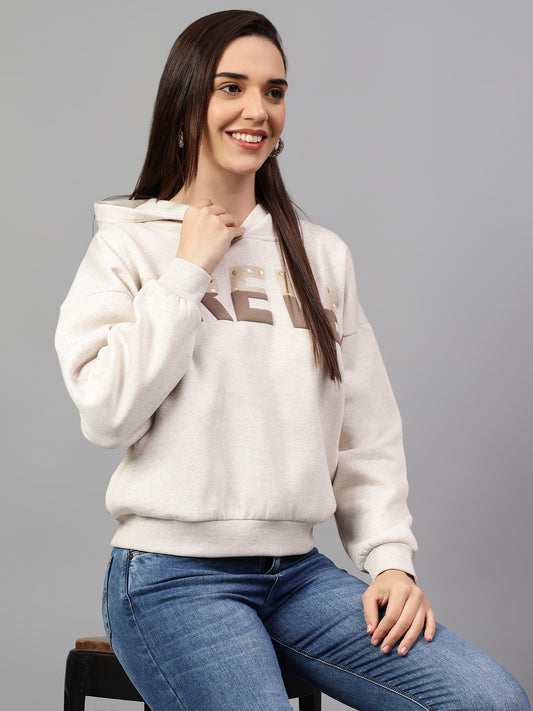 Women's Ecru Melange Printed Hoody Neck Crop Sweatshirt