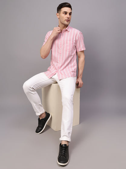 Men's Pink Casual Broad Stripe Half sleeve Shirt