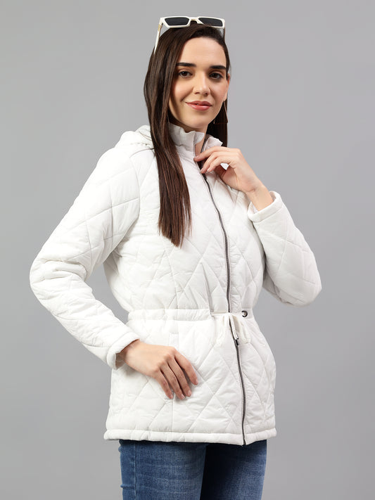 Women's Off White Solid Full Sleeves Winter Jacket