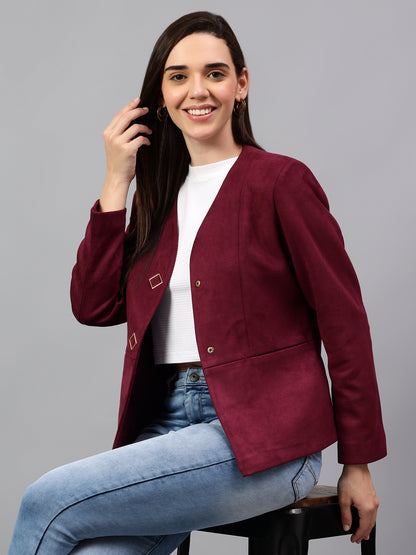 Women's Wine Solid Casual Winter Blazer