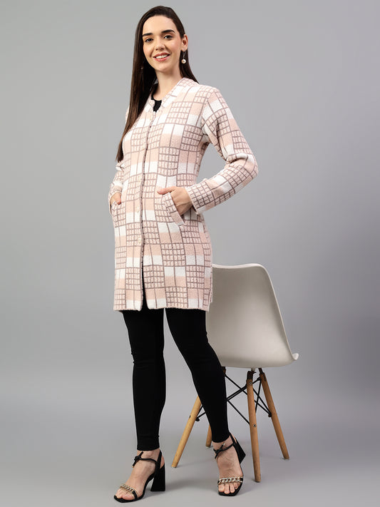 Women's Checked Peach Full Sleeve Cardigan Casual Sweater