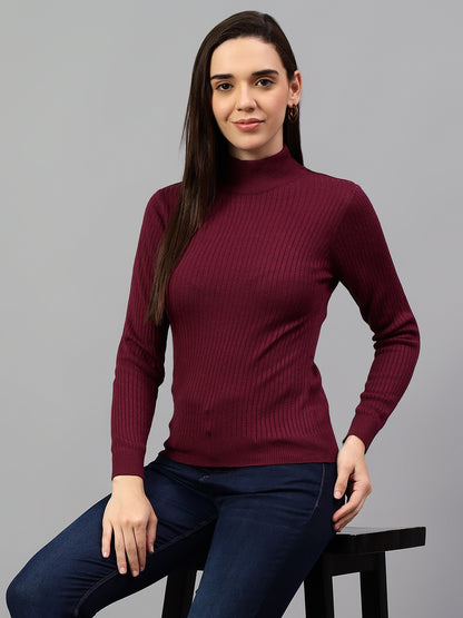 Women's Wine Self Design High Neck Skeevi