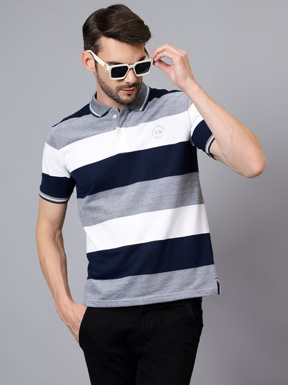 Men's White Striped Polo Neck Half Sleeve T-shirt