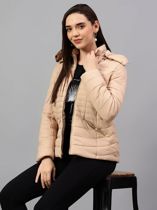 Women's Beige Solid Full Sleeves Winter Jacket