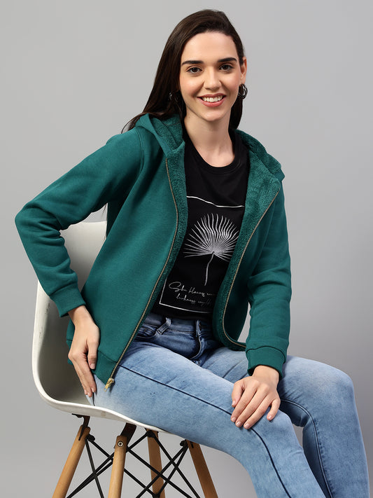 Women's Dark Green Solid Hoody Neck Sweatshirt