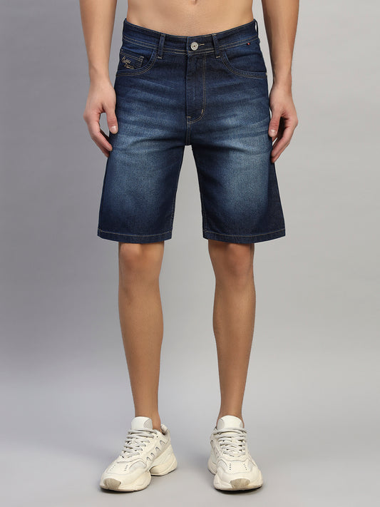 Men's Solid Denim Blue Regular Fit Casual Bermuda