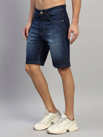 Men's Solid Denim Blue Regular Fit Casual Bermuda