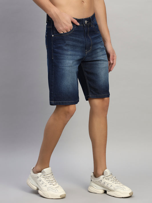 Men's Solid Denim Blue Regular Fit Casual Bermuda
