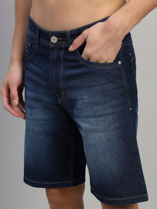 Men's Solid Denim Blue Regular Fit Casual Bermuda